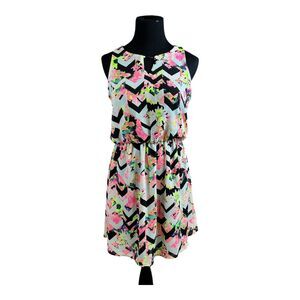 Xhilaration Sleevless Mini Dress Black Chevron Pattern Neon Floral Design, S/P